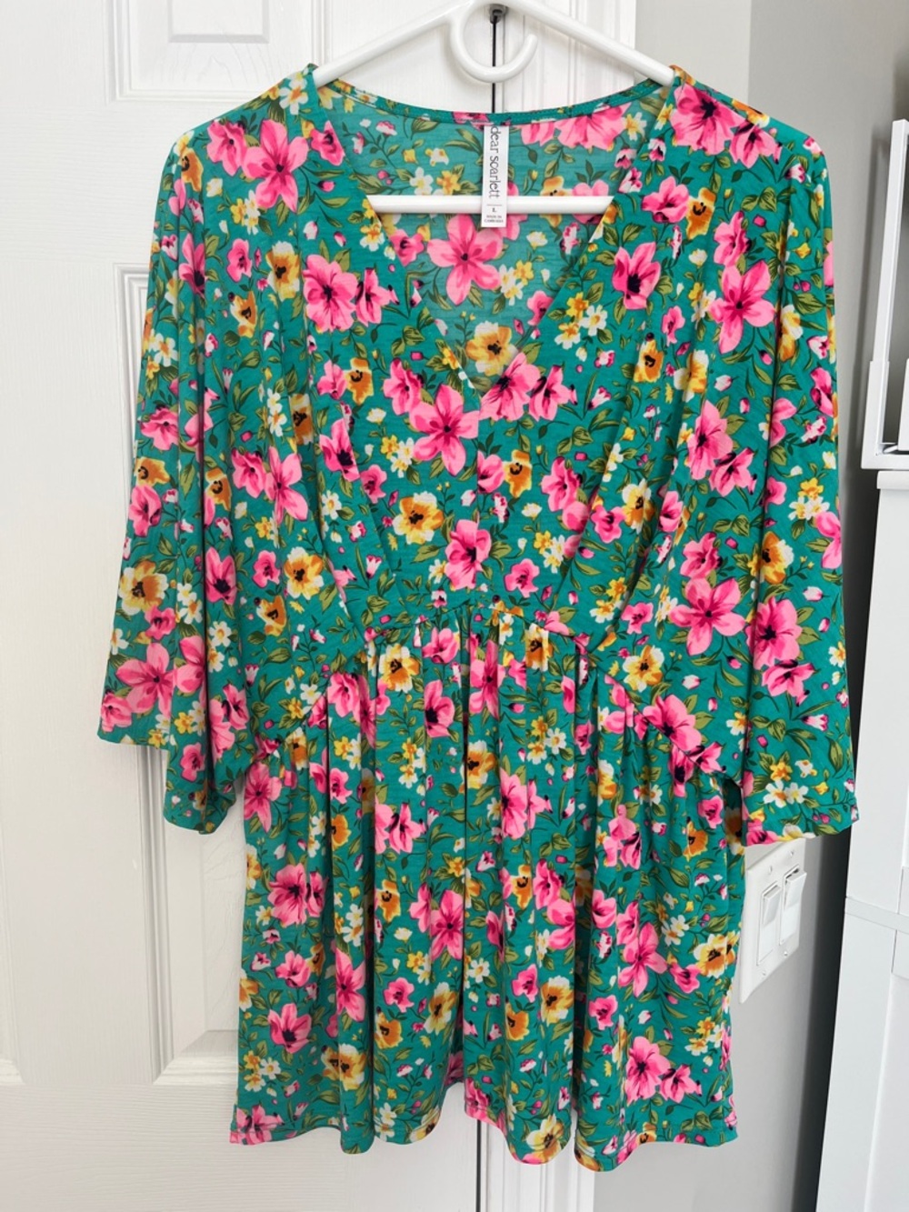 Floral V-Neck Peplum Tunic - Teal & Pink